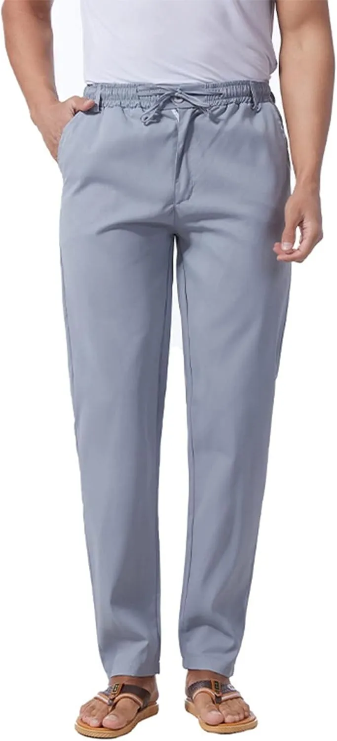 Thatrich Work Pants for Men Business Casual Trouser Cotton Linen Solid Summer Sweatpants Lightweight Comfy Yoga Pant Slim Fit