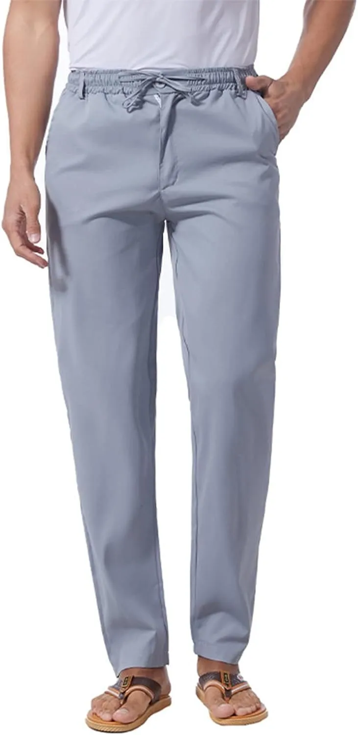 Thatrich Work Pants for Men Business Casual Trouser Cotton Linen Solid Summer Sweatpants Lightweight Comfy Yoga Pant Slim Fit