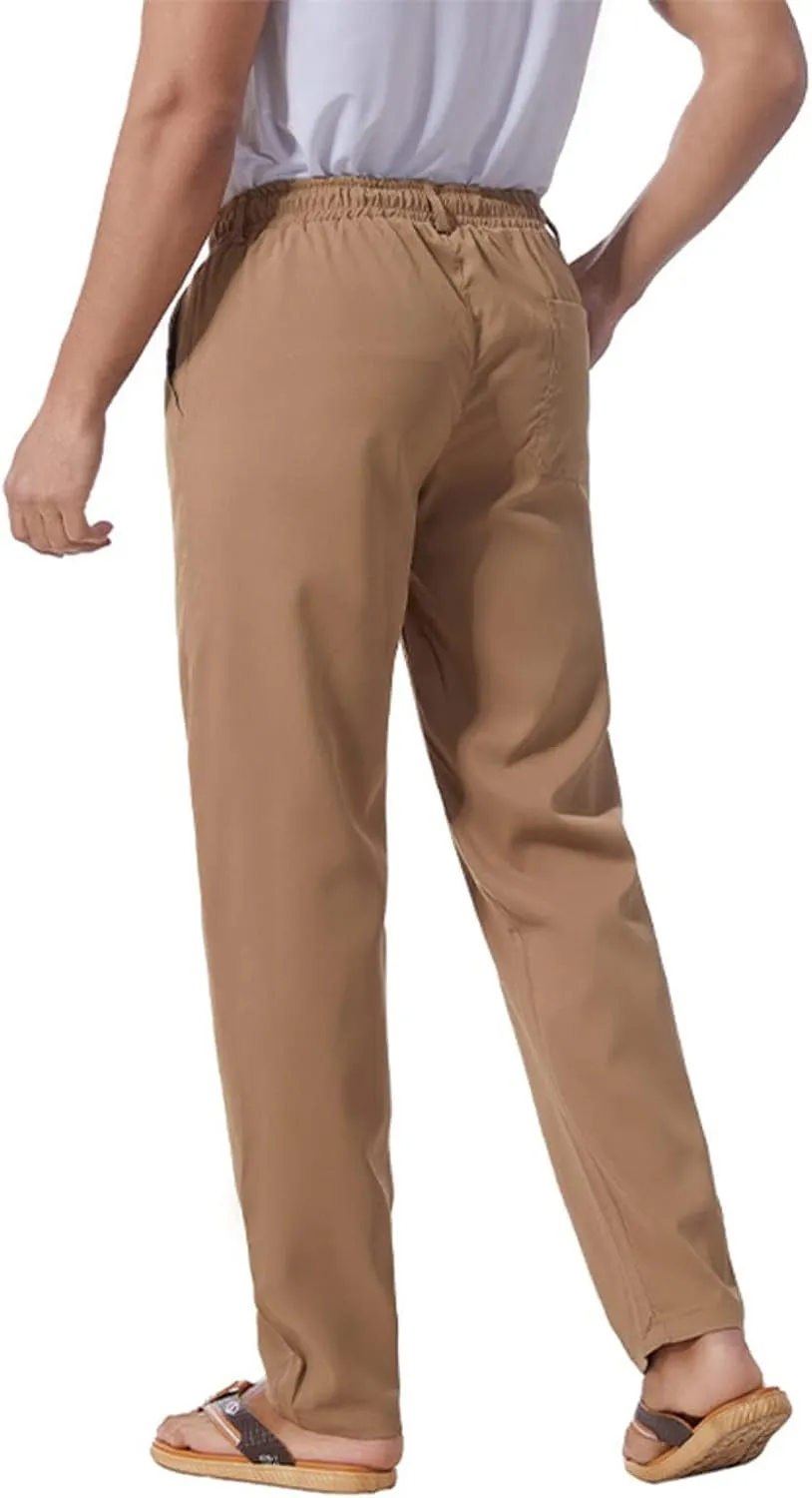 Thatrich Work Pants for Men Business Casual Trouser Cotton Linen Solid Summer Sweatpants Lightweight Comfy Yoga Pant Slim Fit