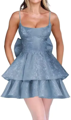 Tiered Jacquard Short Prom Dress with Bow Spaghetti Straps Floral Homecoming Dresses Mini Formal Cocktail Party Gowns