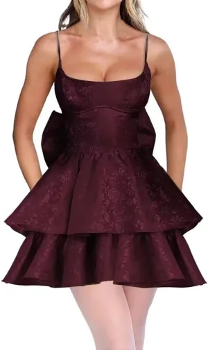 Tiered Jacquard Short Prom Dress with Bow Spaghetti Straps Floral Homecoming Dresses Mini Formal Cocktail Party Gowns