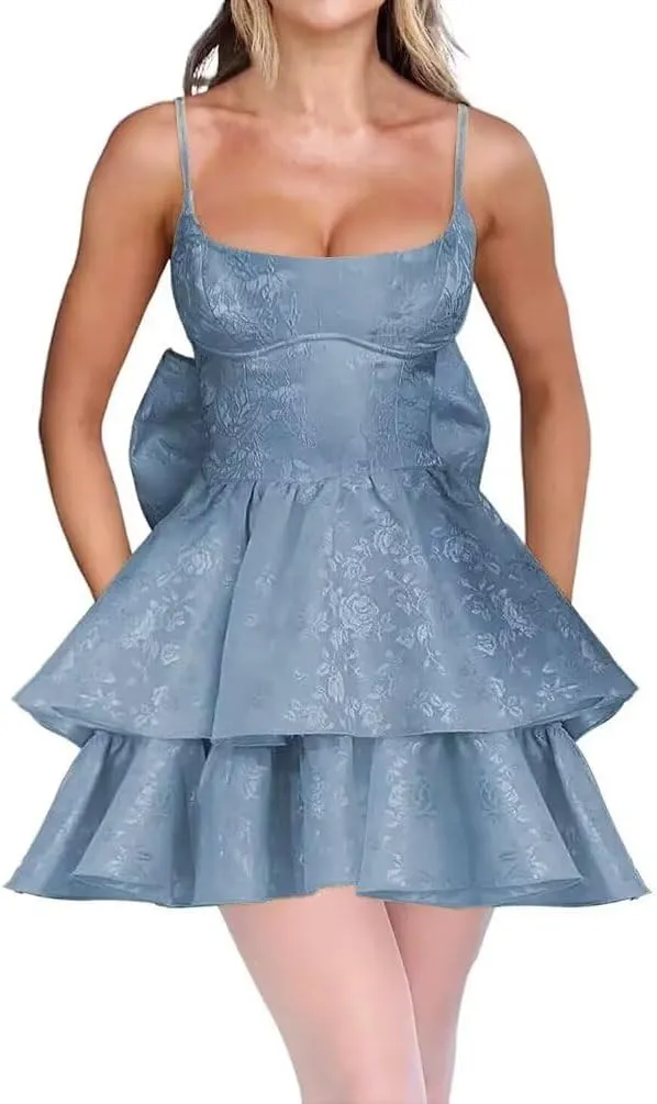 Tiered Jacquard Short Prom Dress with Bow Spaghetti Straps Floral Homecoming Dresses Mini Formal Cocktail Party Gowns
