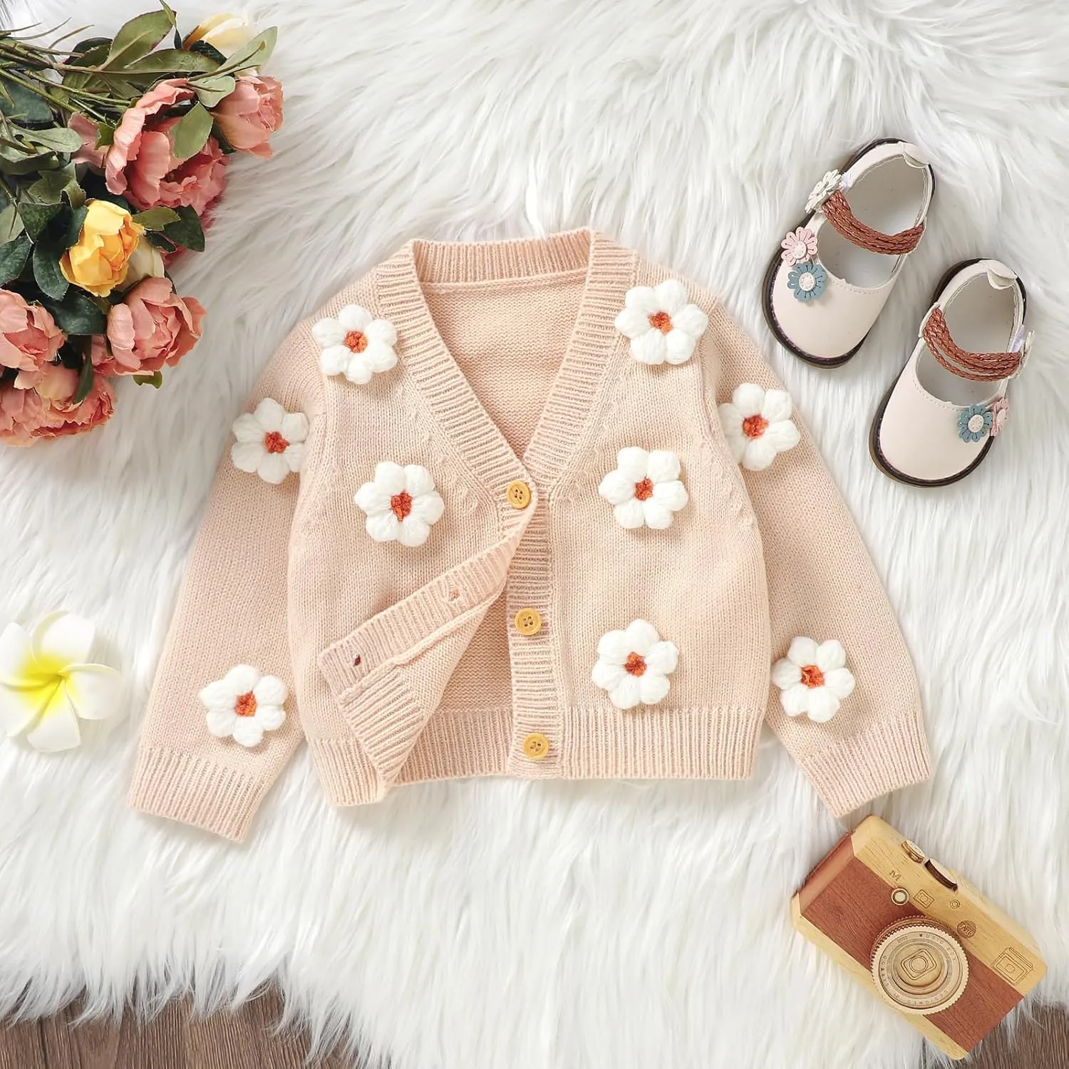 Toddler Baby Girl Sweater Floral Cardigan Knit Long Sleeve Coat Cute Fall Winter Outfits Clothes Infant Newborn