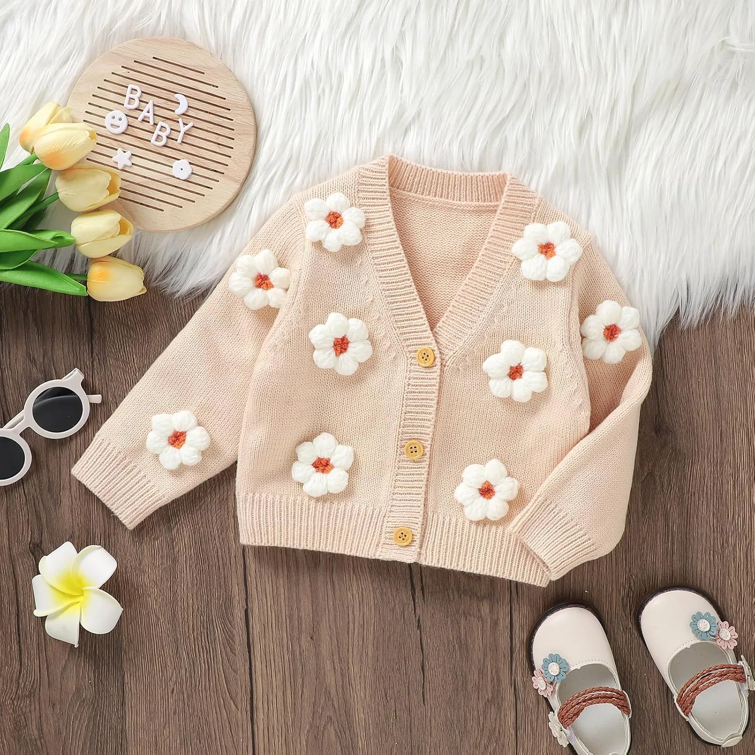 Toddler Baby Girl Sweater Floral Cardigan Knit Long Sleeve Coat Cute Fall Winter Outfits Clothes Infant Newborn