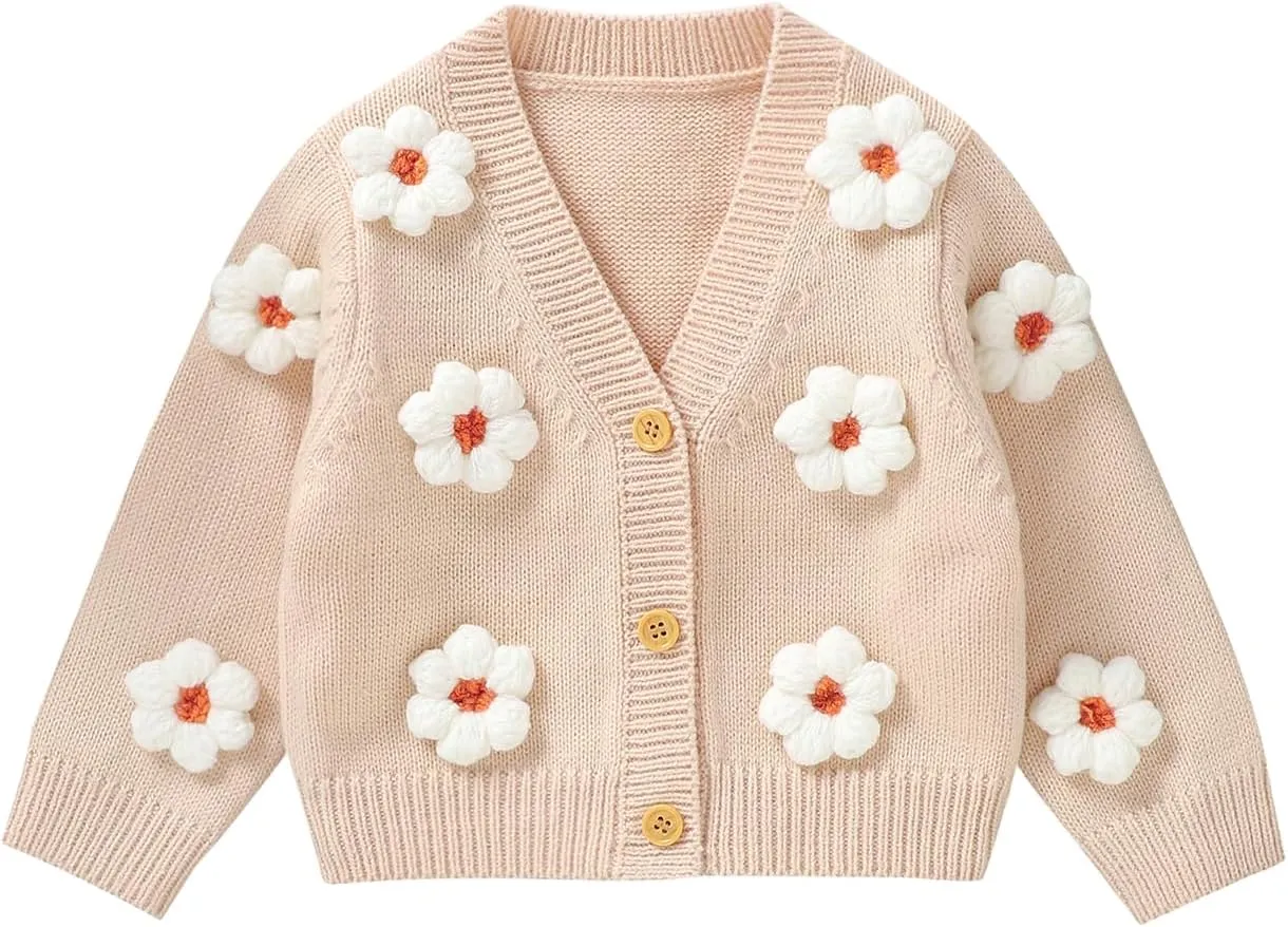 Toddler Baby Girl Sweater Floral Cardigan Knit Long Sleeve Coat Cute Fall Winter Outfits Clothes Infant Newborn