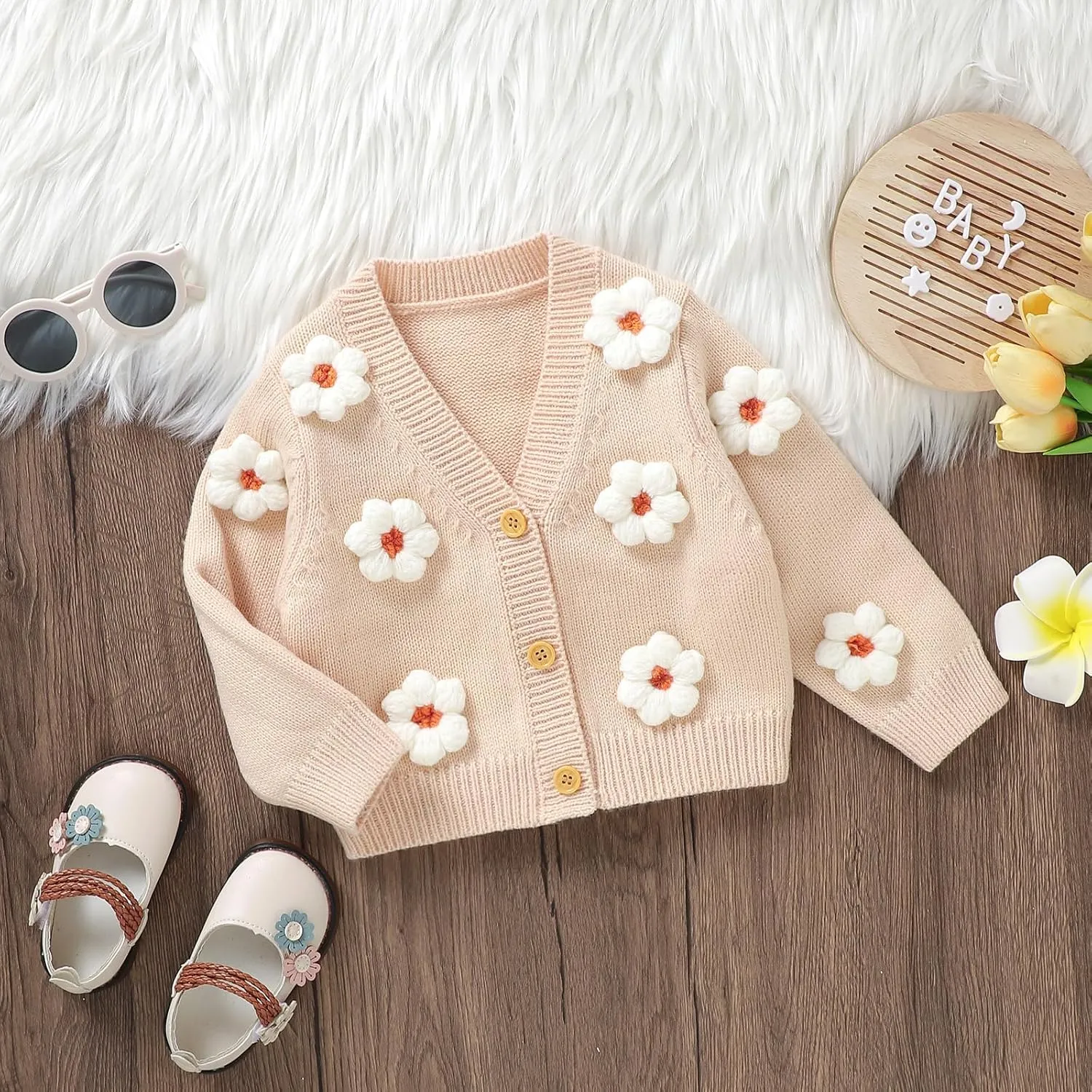Toddler Baby Girl Sweater Floral Cardigan Knit Long Sleeve Coat Cute Fall Winter Outfits Clothes Infant Newborn