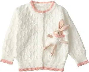 Toddler Girls Cardigan Sweater Kids Button Knit Sweater with Rabbit Doll Size 2-7T