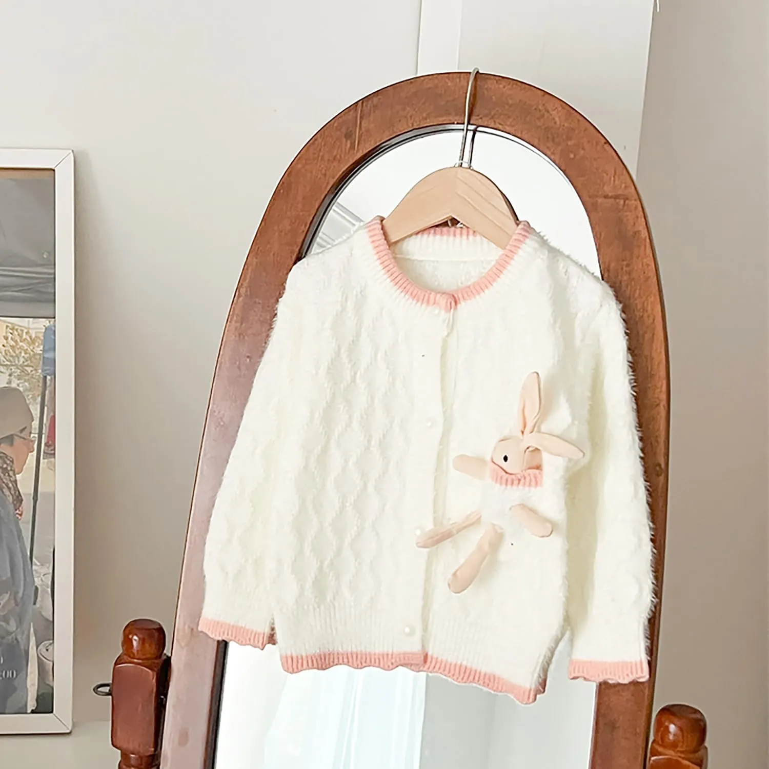 Toddler Girls Cardigan Sweater Kids Button Knit Sweater with Rabbit Doll Size 2-7T