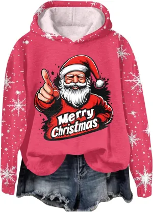 Ugly Christmas Hoodie, Womens Long Sleeve 2024 Sweatshirts Loose O Neck Shirt Snowflake Print Pullover Tshirt Daily Tops