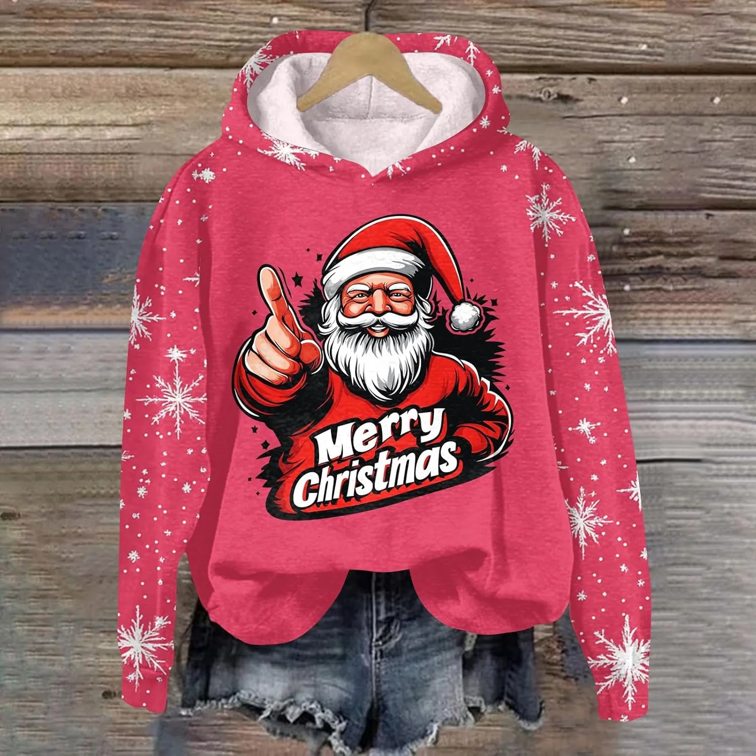 Ugly Christmas Hoodie, Womens Long Sleeve 2024 Sweatshirts Loose O Neck Shirt Snowflake Print Pullover Tshirt Daily Tops