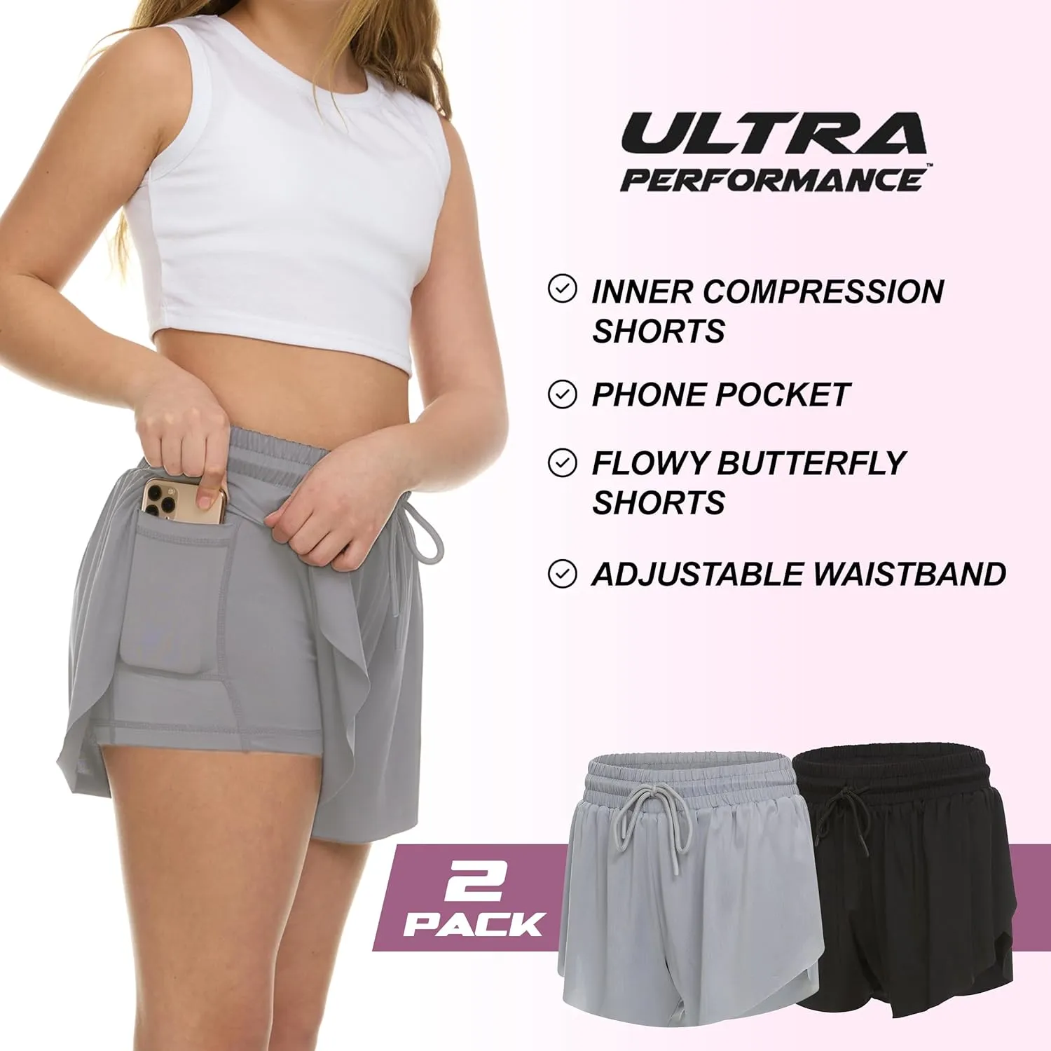 Ultra Performance Girl's Butterfly Short's 2 Pack Girls Athletic Short Basketball Soccer Flowy Active Shorts for Girls