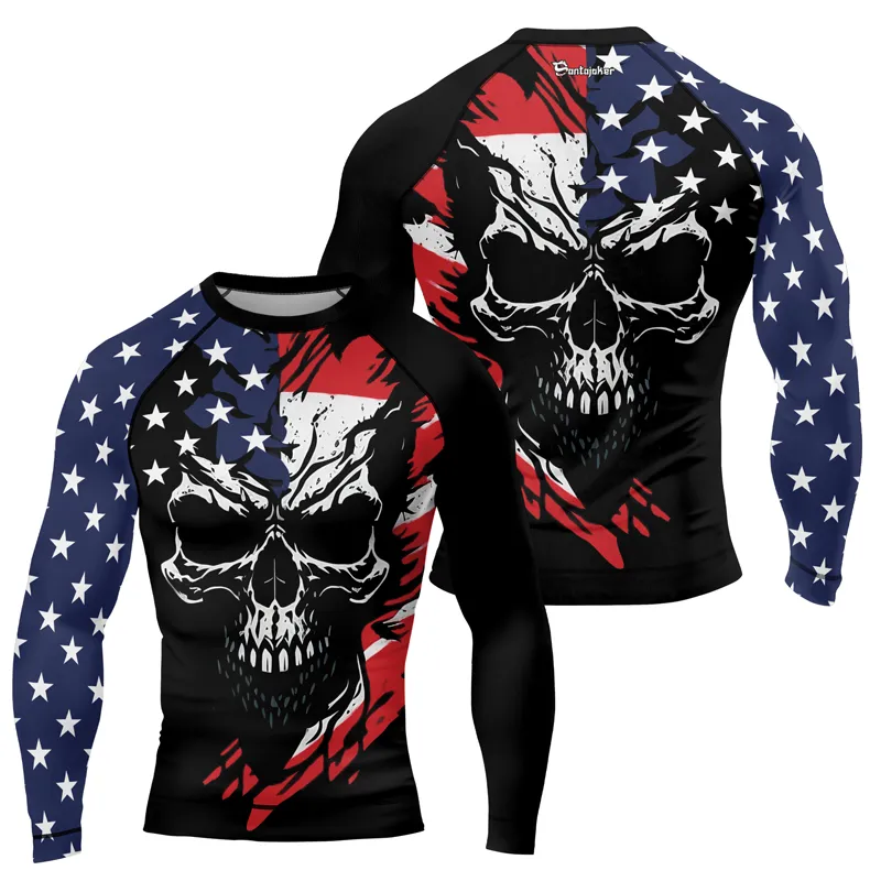 USA Flag Skull Men's Long Sleeve Rash Guard