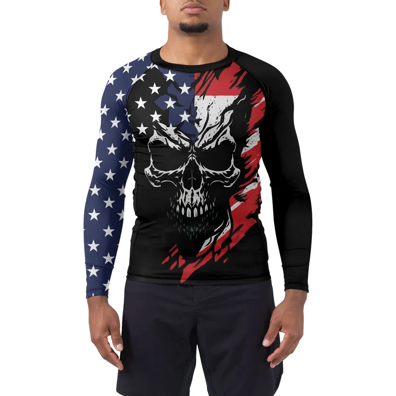 USA Flag Skull Men's Long Sleeve Rash Guard