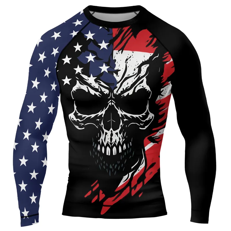 USA Flag Skull Men's Long Sleeve Rash Guard