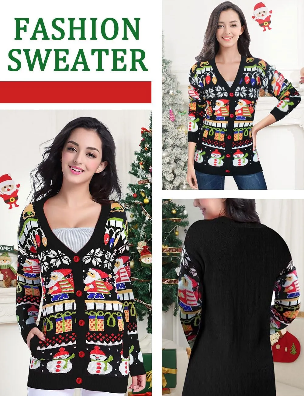 v28 Ugly Christmas Sweater for Women Reindeer Funny Merry Knit Sweaters Cardigan