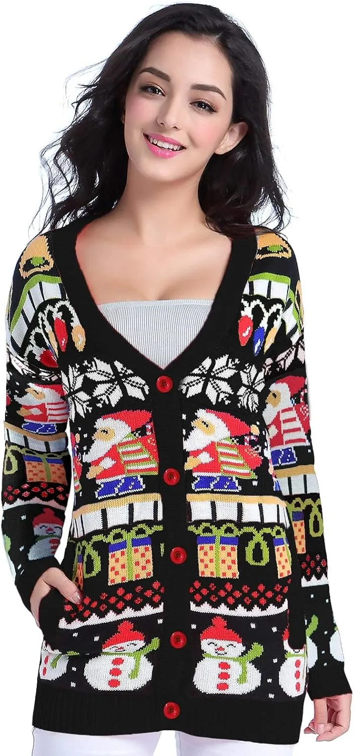 v28 Ugly Christmas Sweater for Women Reindeer Funny Merry Knit Sweaters Cardigan