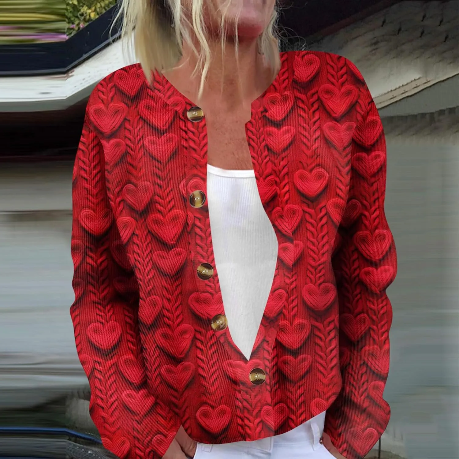 Valentines Sweater Women,Ladies' Fashion Long Sleeved Sweater Festival Valentine's Day Heart Printed Jacket Cardigan