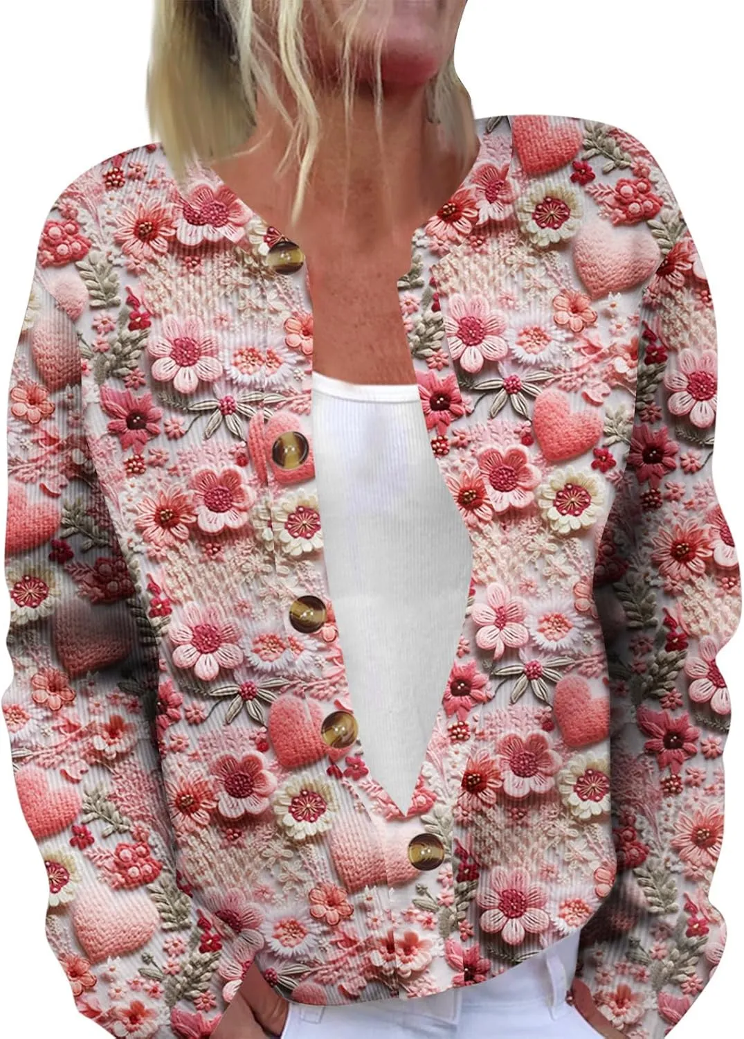Valentines Sweater Women,Ladies' Fashion Long Sleeved Sweater Festival Valentine's Day Heart Printed Jacket Cardigan