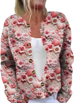 Valentines Sweater Women,Ladies' Fashion Long Sleeved Sweater Festival Valentine's Day Heart Printed Jacket Cardigan