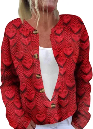 Valentines Sweater Women,Ladies' Fashion Long Sleeved Sweater Festival Valentine's Day Heart Printed Jacket Cardigan