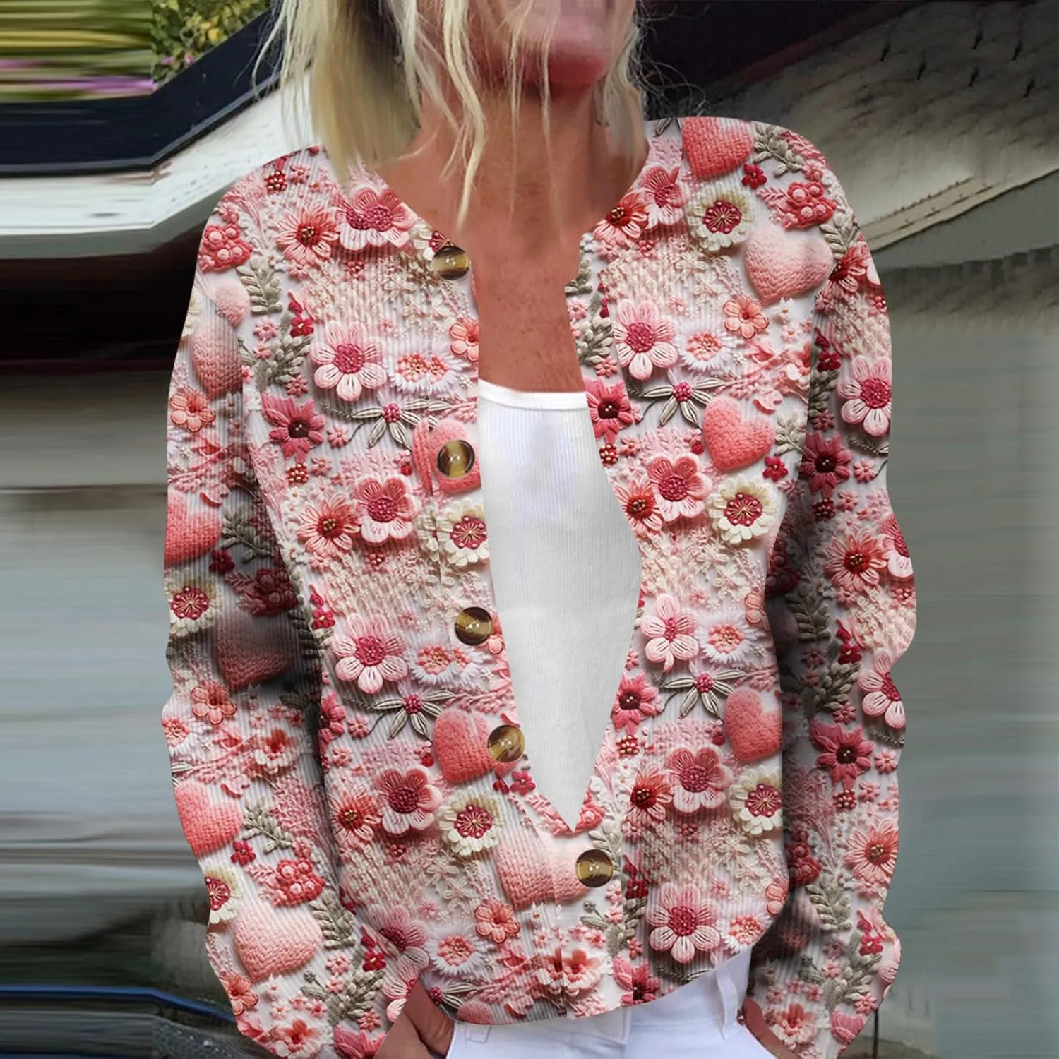Valentines Sweater Women,Ladies' Fashion Long Sleeved Sweater Festival Valentine's Day Heart Printed Jacket Cardigan