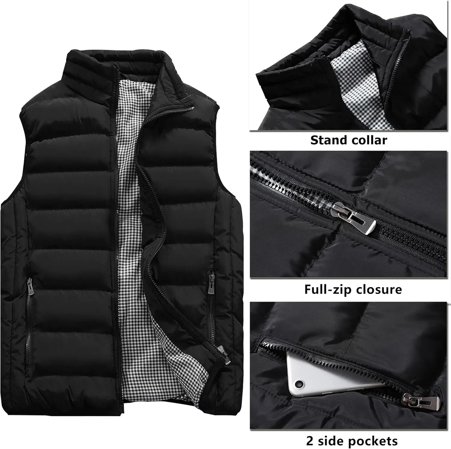 Vcansion Men's Outdoor Casual Stand Collar Vest Padded Jacket Coat Vest