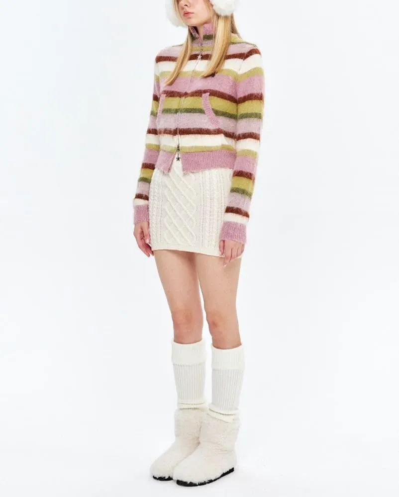 Vintage Striped Cardigan Sweater Women Y2K Zip Up Cropped Sweater Lapel Mohair Knitted Tops