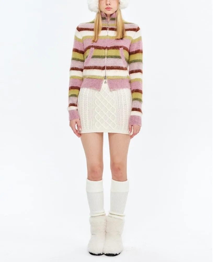 Vintage Striped Cardigan Sweater Women Y2K Zip Up Cropped Sweater Lapel Mohair Knitted Tops