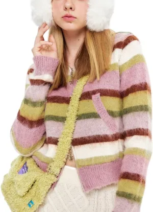 Vintage Striped Cardigan Sweater Women Y2K Zip Up Cropped Sweater Lapel Mohair Knitted Tops