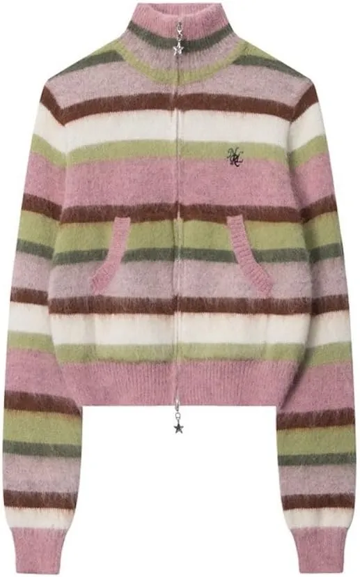 Vintage Striped Cardigan Sweater Women Y2K Zip Up Cropped Sweater Lapel Mohair Knitted Tops