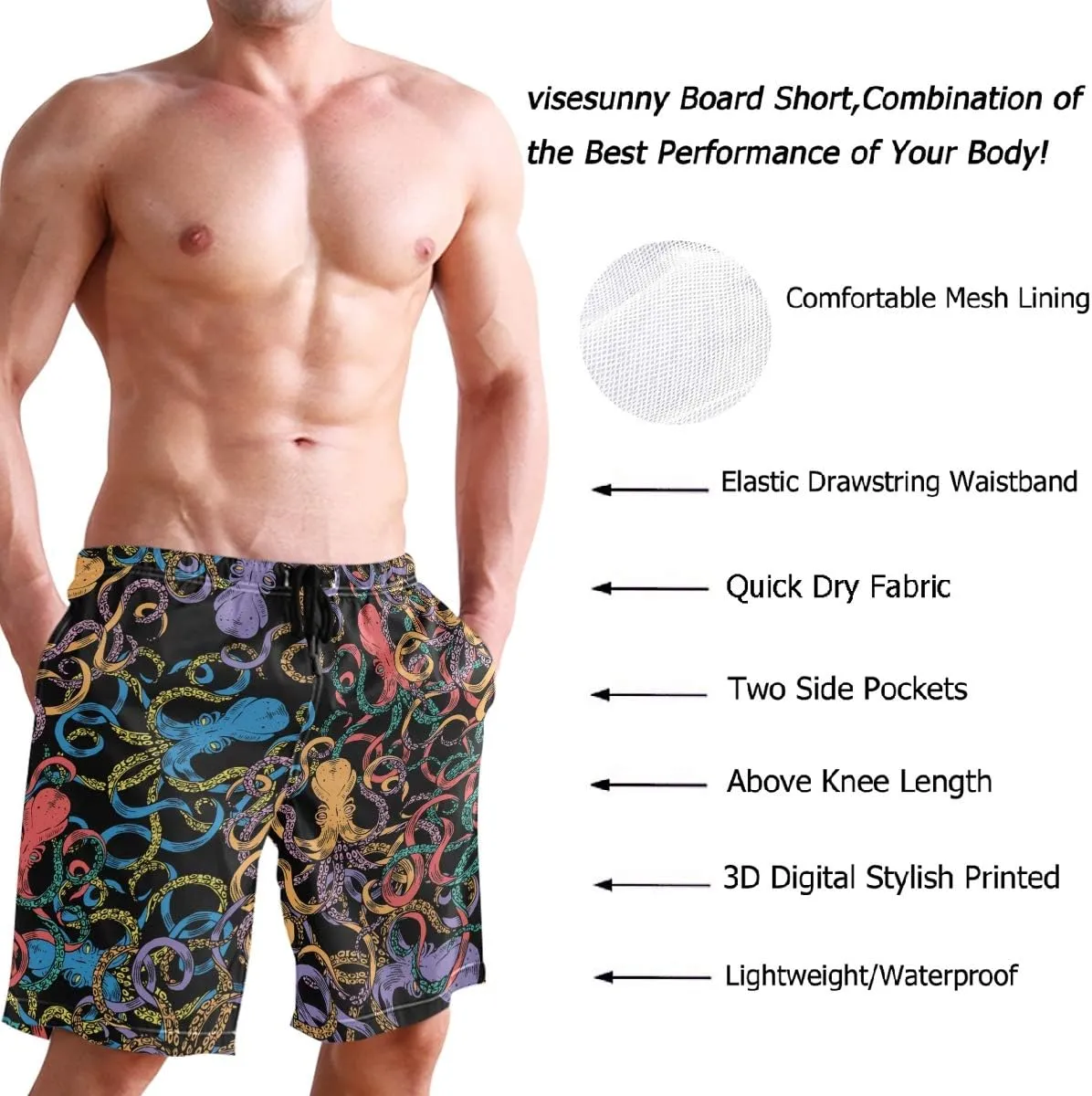 visesunny Fashion Funny Style Men's Beach Shorts Swim Trunks Quick Dry Casual Polyester Swim Shorts with Pockets S-XXL