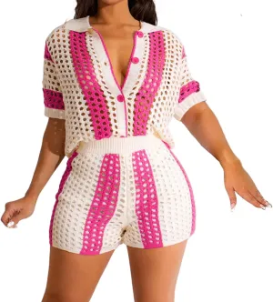 VOIKERDR Shorts Sets Women 2 Piece Outfits Crochet Hollow Out Shirt and Shorts Summer Vacation Beach Clothes