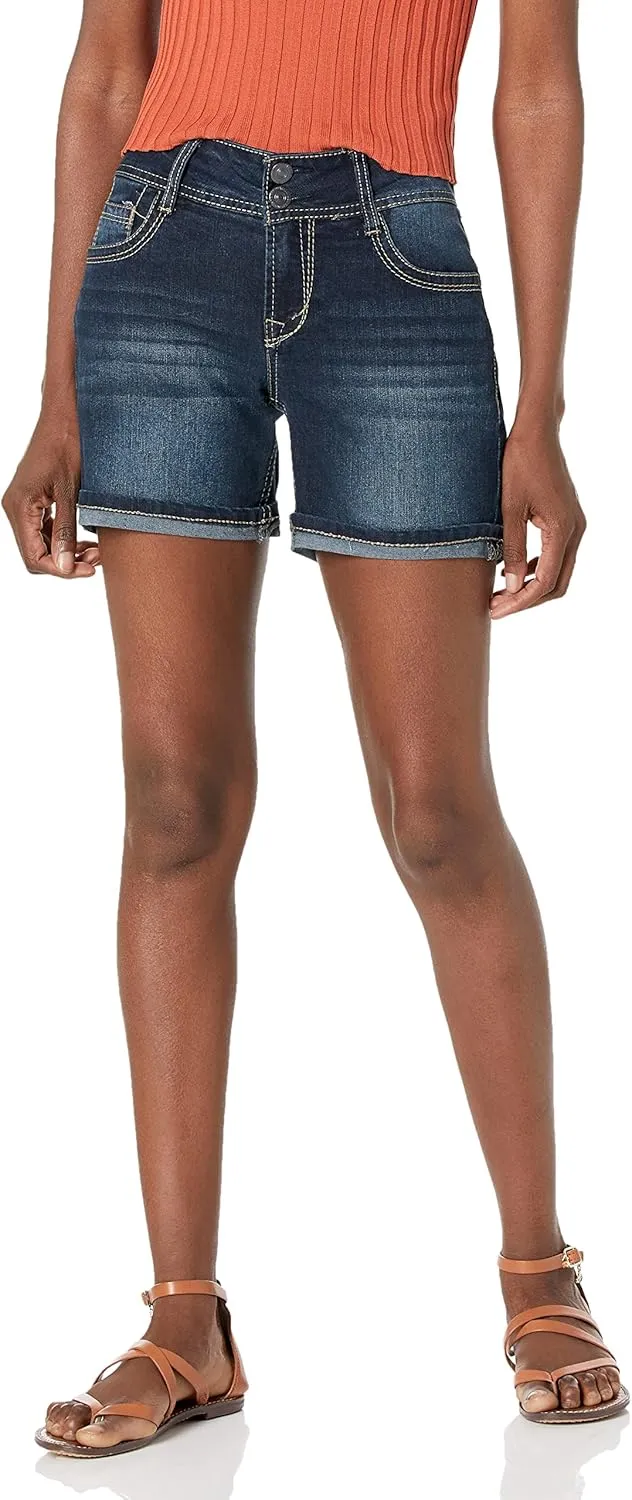 WallFlower Women's Luscious Curvy Denim Shorts Mid-Rise Bling and Belted Insta Stretch Juniors (Standard and Plus)