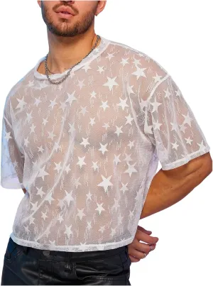 WDIRARA Men's Star Graphic Sheer Mesh T Shirt Oversized Short Sleeve Tee See Through Party Club Tops