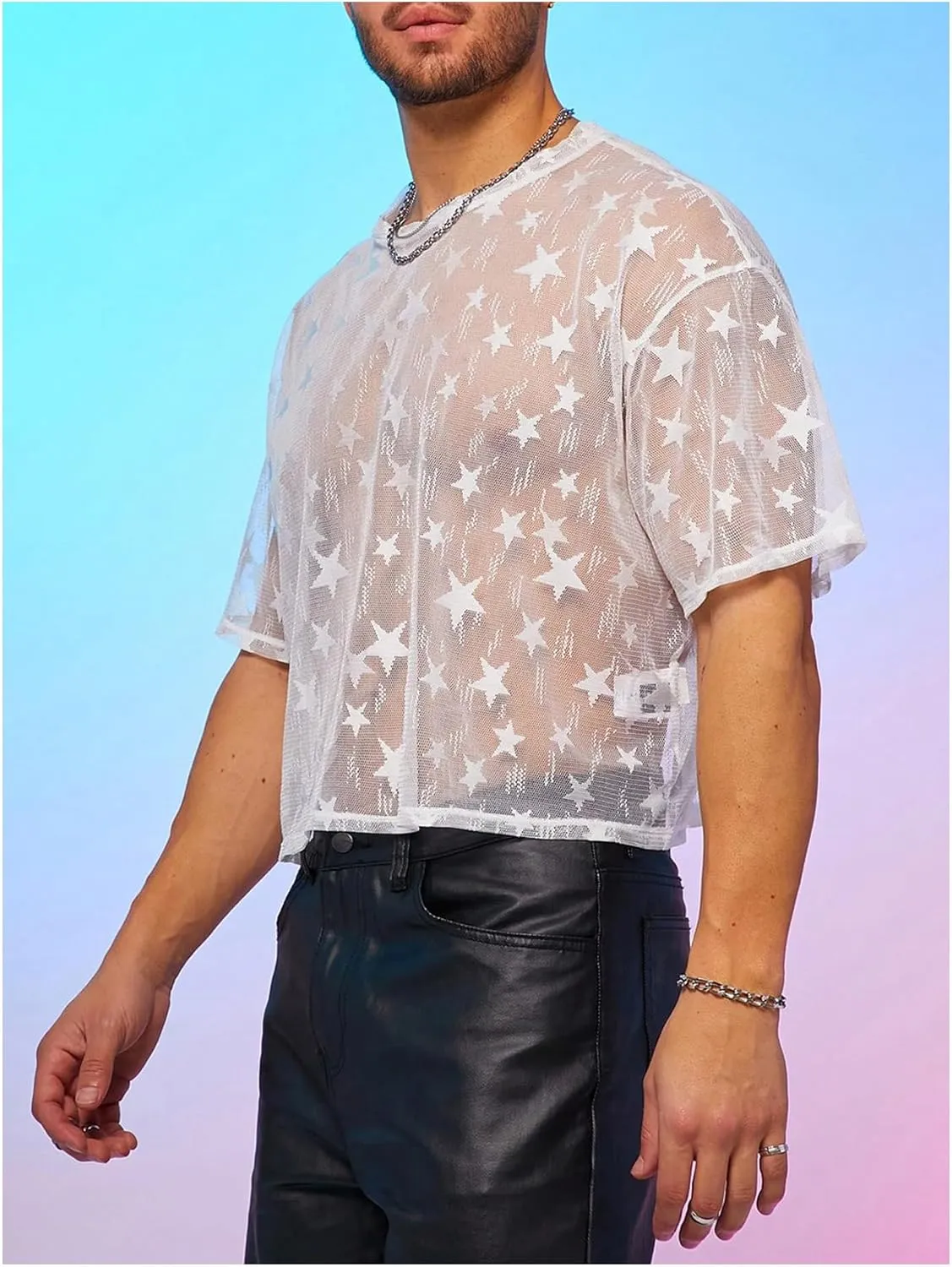 WDIRARA Men's Star Graphic Sheer Mesh T Shirt Oversized Short Sleeve Tee See Through Party Club Tops