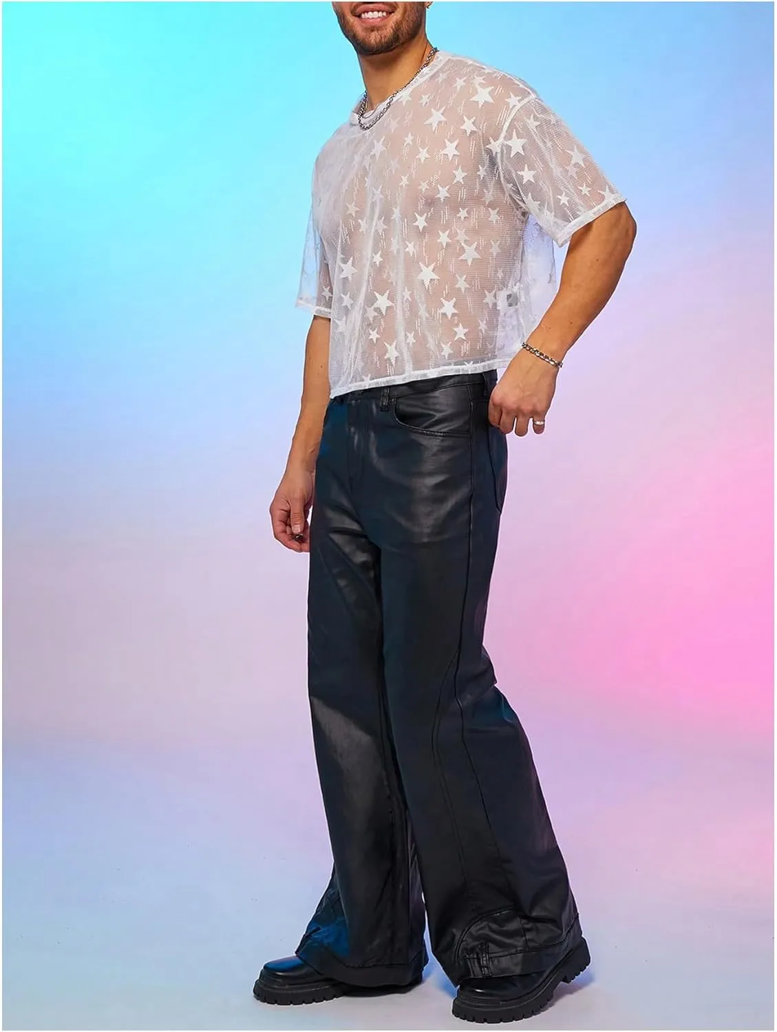 WDIRARA Men's Star Graphic Sheer Mesh T Shirt Oversized Short Sleeve Tee See Through Party Club Tops