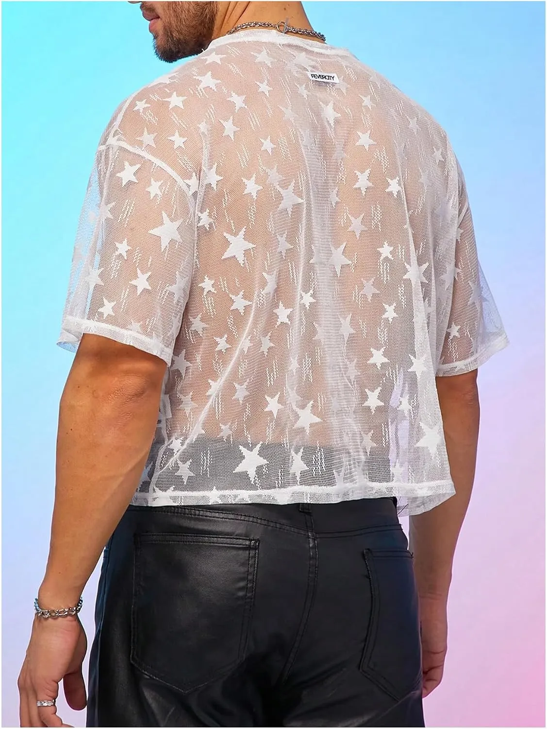 WDIRARA Men's Star Graphic Sheer Mesh T Shirt Oversized Short Sleeve Tee See Through Party Club Tops