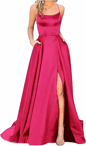 Wedding Guest Dresses for Women Spaghetti Strap Satin Backless Side Slit Long Prom Dress with Pockets Party Midi Dress