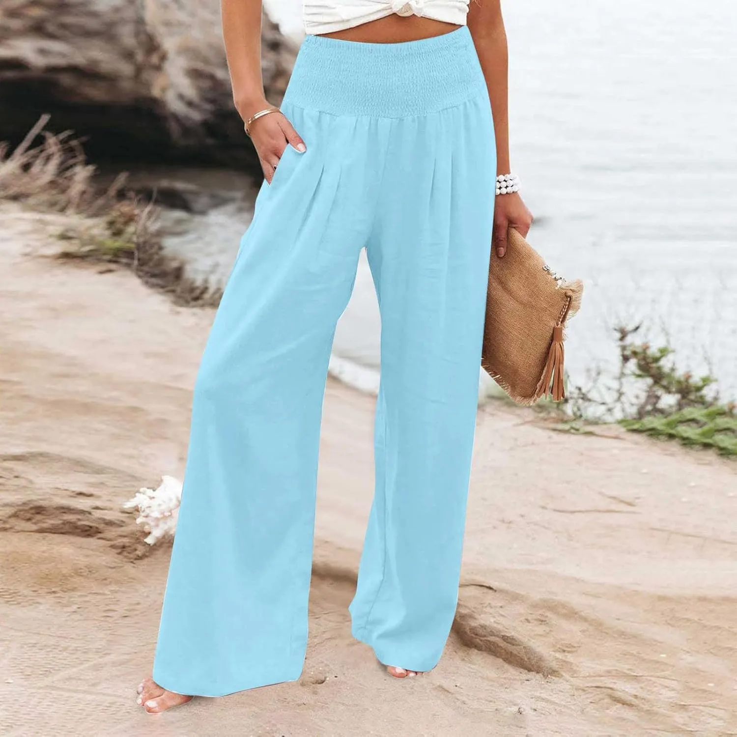Wide Leg Linen Pants for Women High Waist Flowy Summer Beach Drawstring Pant Beach Vacation Trousers with Pockets