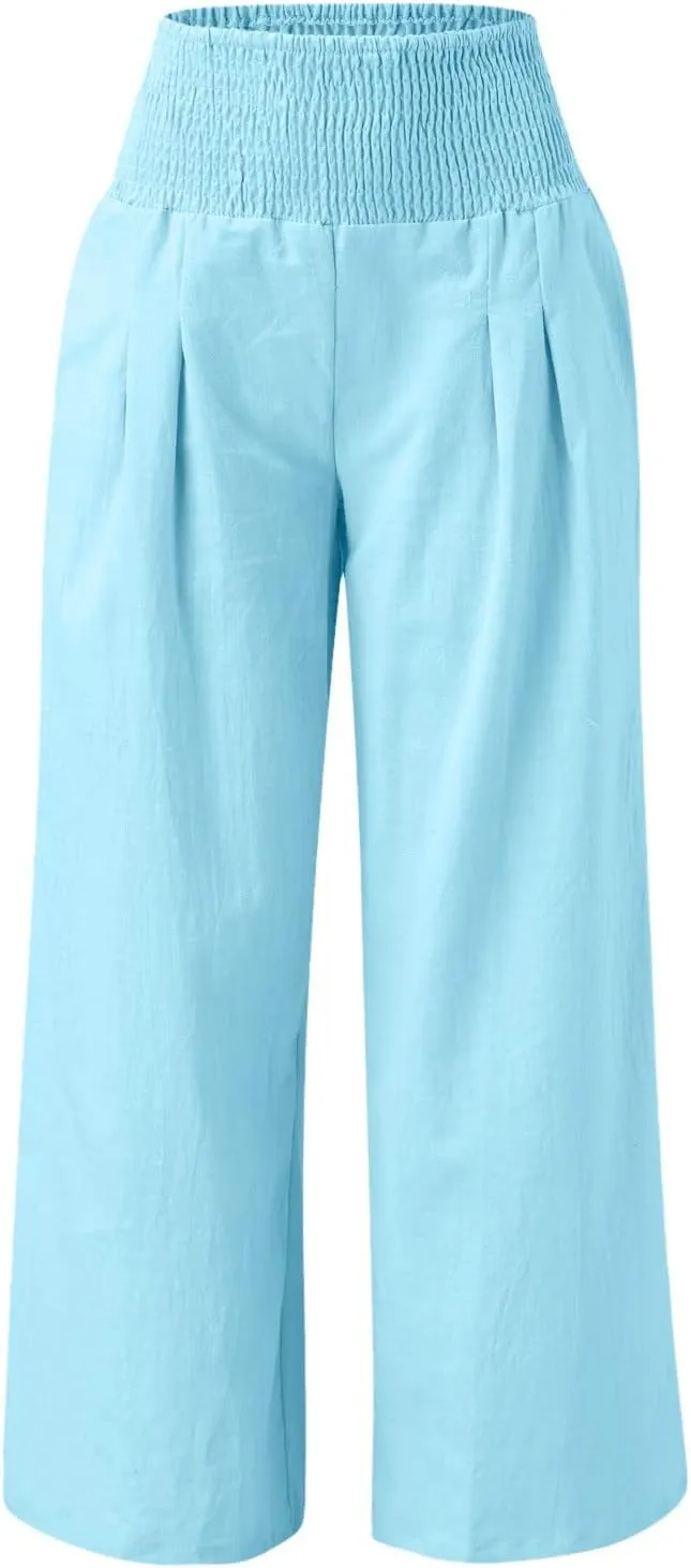 Wide Leg Linen Pants for Women High Waist Flowy Summer Beach Drawstring Pant Beach Vacation Trousers with Pockets