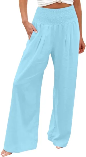 Wide Leg Linen Pants for Women High Waist Flowy Summer Beach Drawstring Pant Beach Vacation Trousers with Pockets