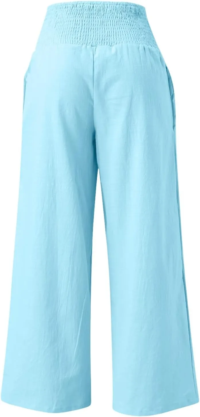 Wide Leg Linen Pants for Women High Waist Flowy Summer Beach Drawstring Pant Beach Vacation Trousers with Pockets