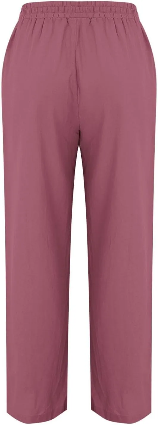 Wide Leg Linen Pants for Women Palazzo Casual Flowy Pants High Waisted Drawstring Lounge Comfy Trousers with Pockets