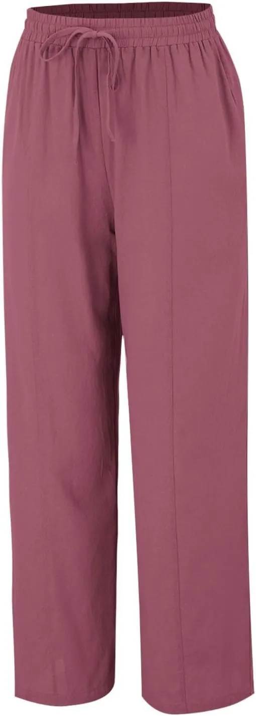 Wide Leg Linen Pants for Women Palazzo Casual Flowy Pants High Waisted Drawstring Lounge Comfy Trousers with Pockets