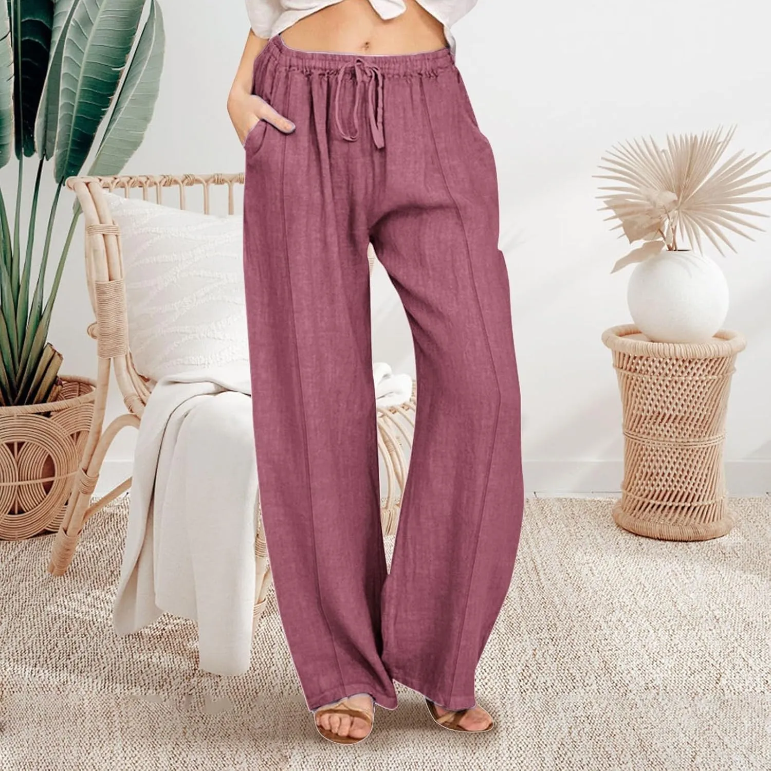 Wide Leg Linen Pants for Women Palazzo Casual Flowy Pants High Waisted Drawstring Lounge Comfy Trousers with Pockets