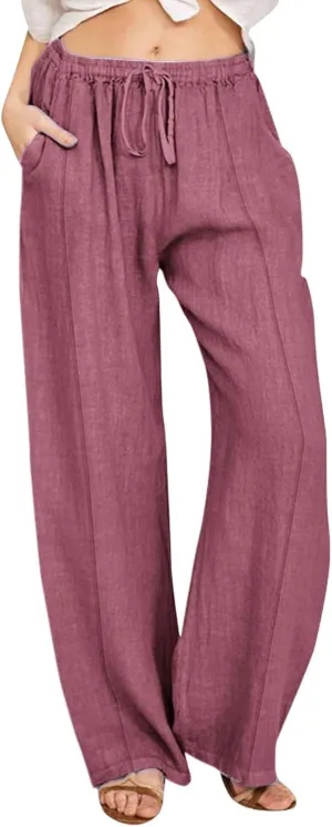 Wide Leg Linen Pants for Women Palazzo Casual Flowy Pants High Waisted Drawstring Lounge Comfy Trousers with Pockets
