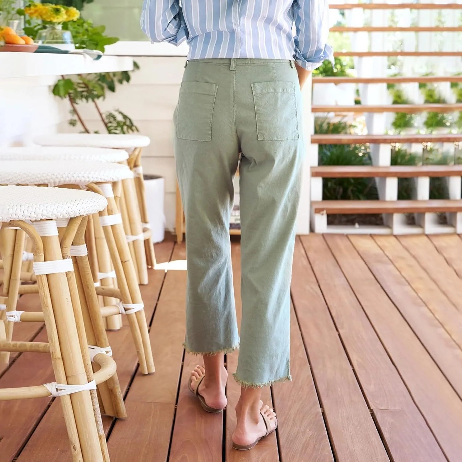 Wide Leg Linen Pants Women Cropped High Waisted Raw Hem Work Pants Summer Business Casual Capris with Pockets