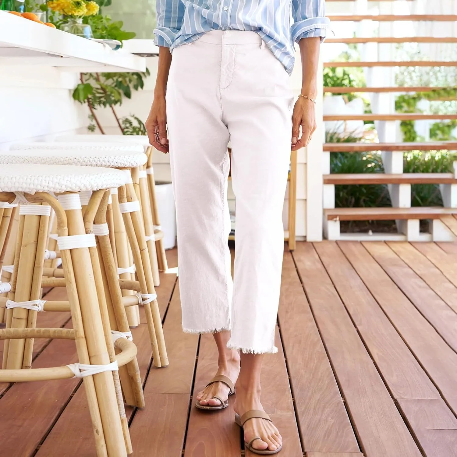 Wide Leg Linen Pants Women Cropped High Waisted Raw Hem Work Pants Summer Business Casual Capris with Pockets