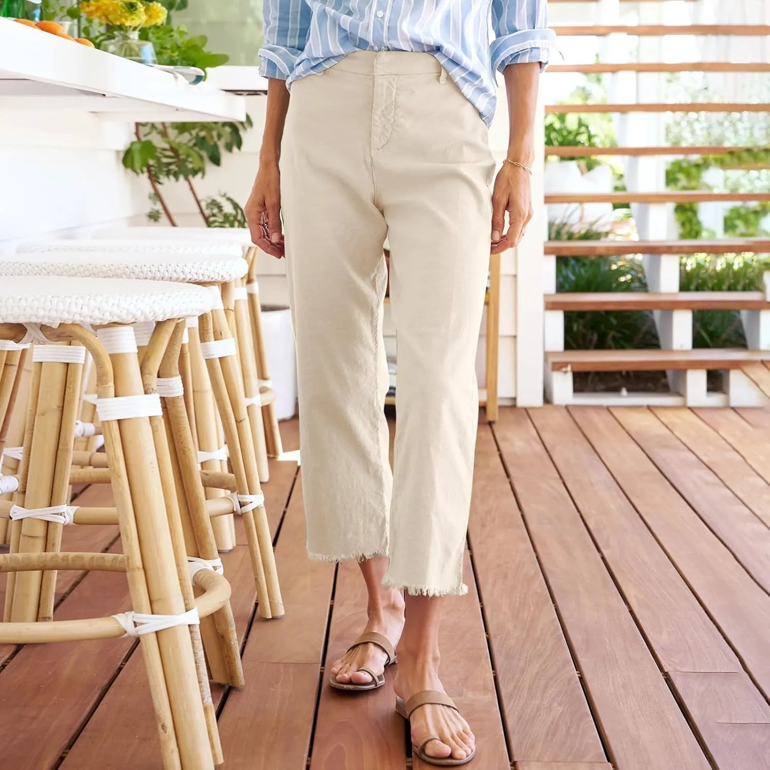 Wide Leg Linen Pants Women Cropped High Waisted Raw Hem Work Pants Summer Business Casual Capris with Pockets