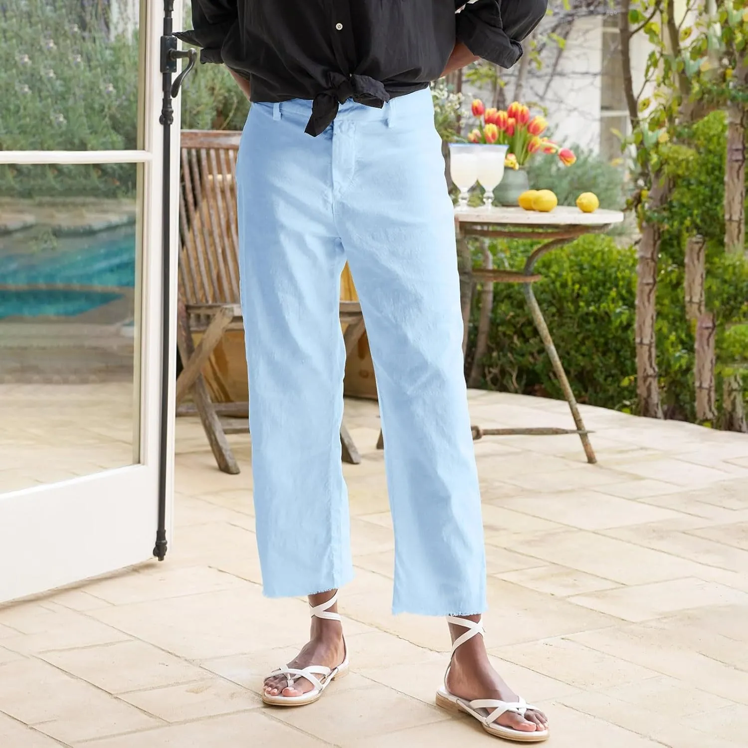 Wide Leg Linen Pants Women Cropped High Waisted Raw Hem Work Pants Summer Business Casual Capris with Pockets
